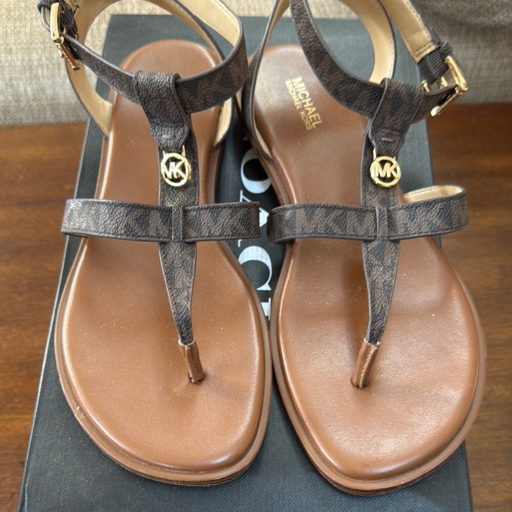 Michael Kors Brown Sandals with Ankle Straps and Gold Accents
